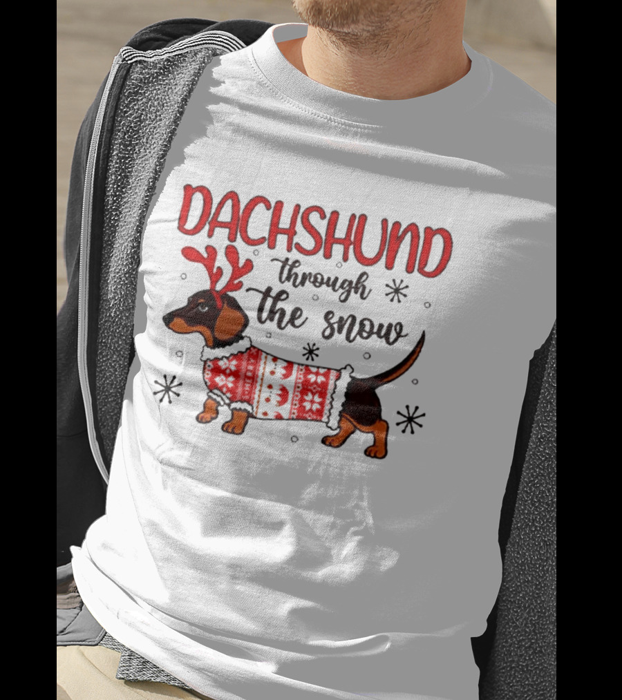 Dachshund Through The Snow Christmas Dog Lover Reindeer Antlers Winter Holiday Sweater T-Shirt