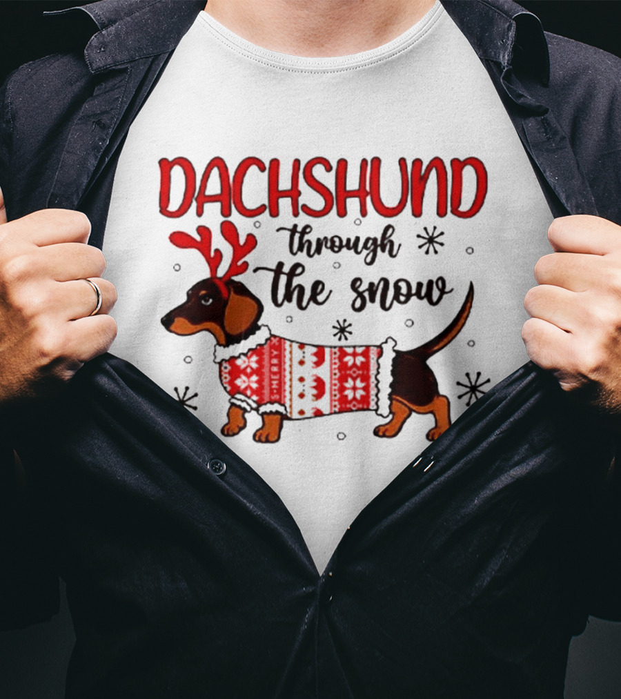 Dachshund Through The Snow Christmas Dog Lover Reindeer Antlers Winter Holiday Sweater T-Shirt