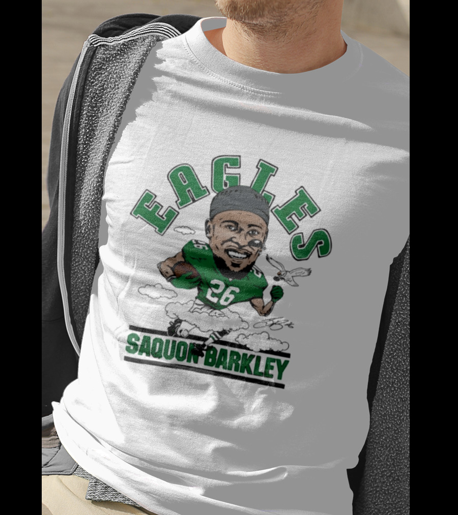 Eagles Saquon Barkley 26 Caricature Player Running Clouds T-Shirt