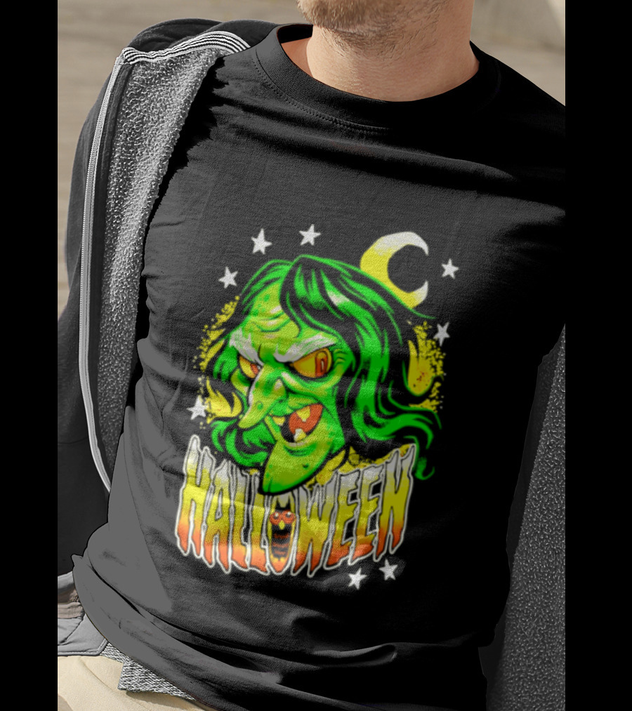Halloween Witch Green Face Crescent Moon And Stars T-Shirt