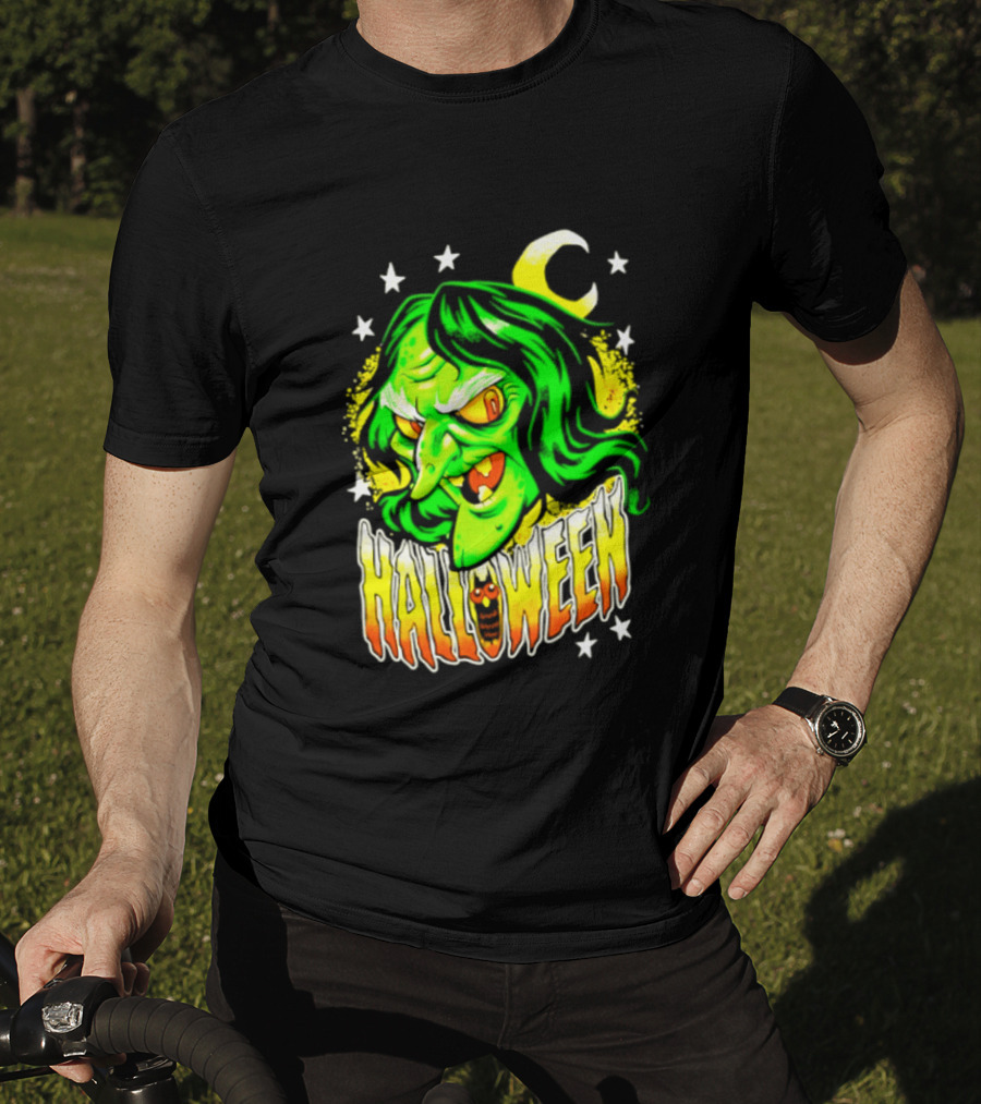 Halloween Witch Green Face Crescent Moon And Stars T-Shirt