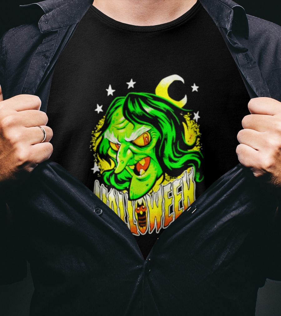 Halloween Witch Green Face Crescent Moon And Stars T-Shirt
