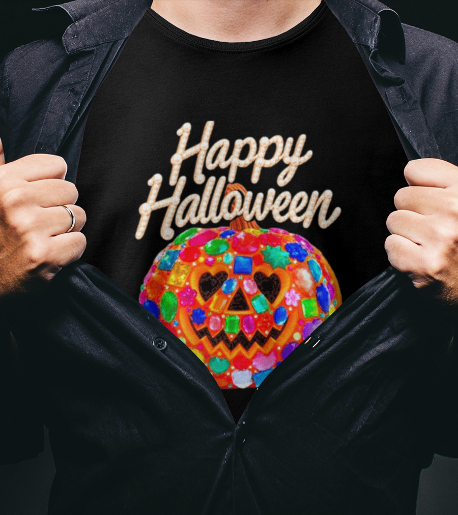 Happy Halloween Colorful Candy Gem Pumpkin Mask T-Shirt