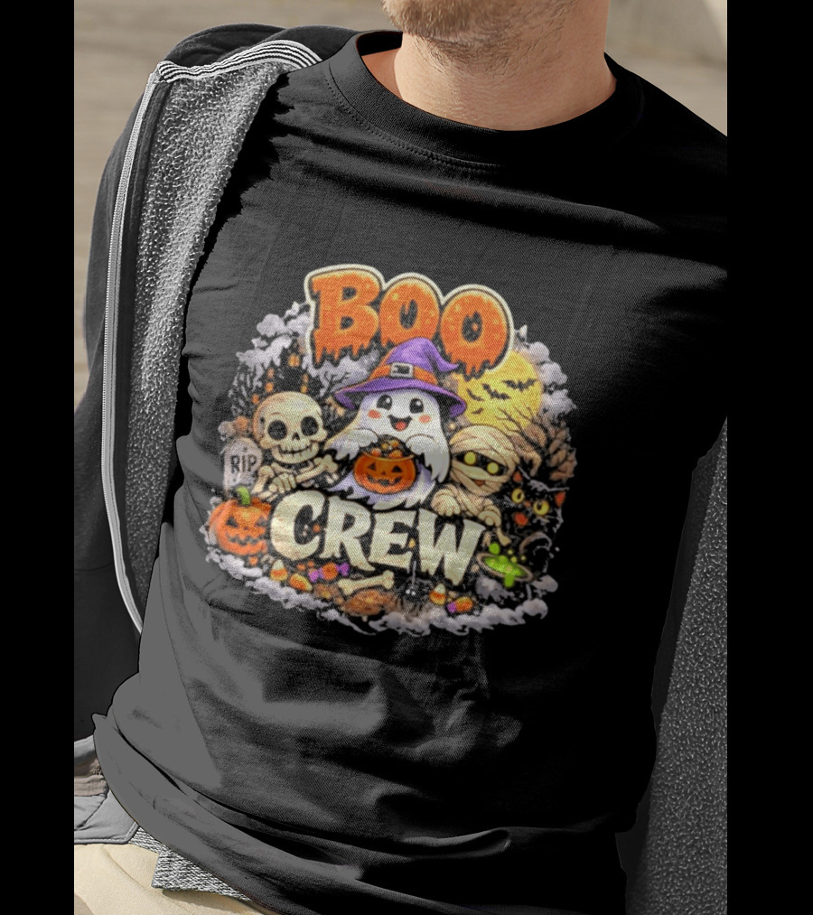 Boo Crew Ghost Halloween Skeleton Mummy Black Cat Pumpkin T-Shirt