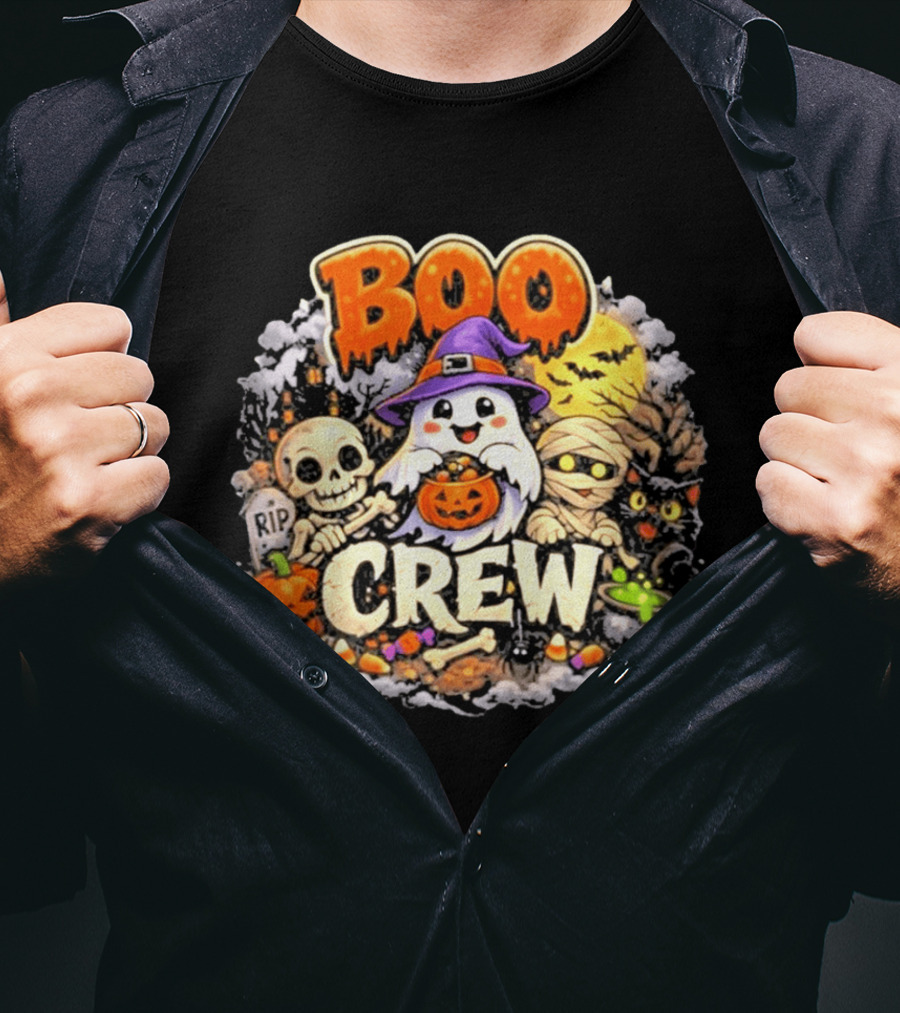 Boo Crew Ghost Halloween Skeleton Mummy Black Cat Pumpkin T-Shirt