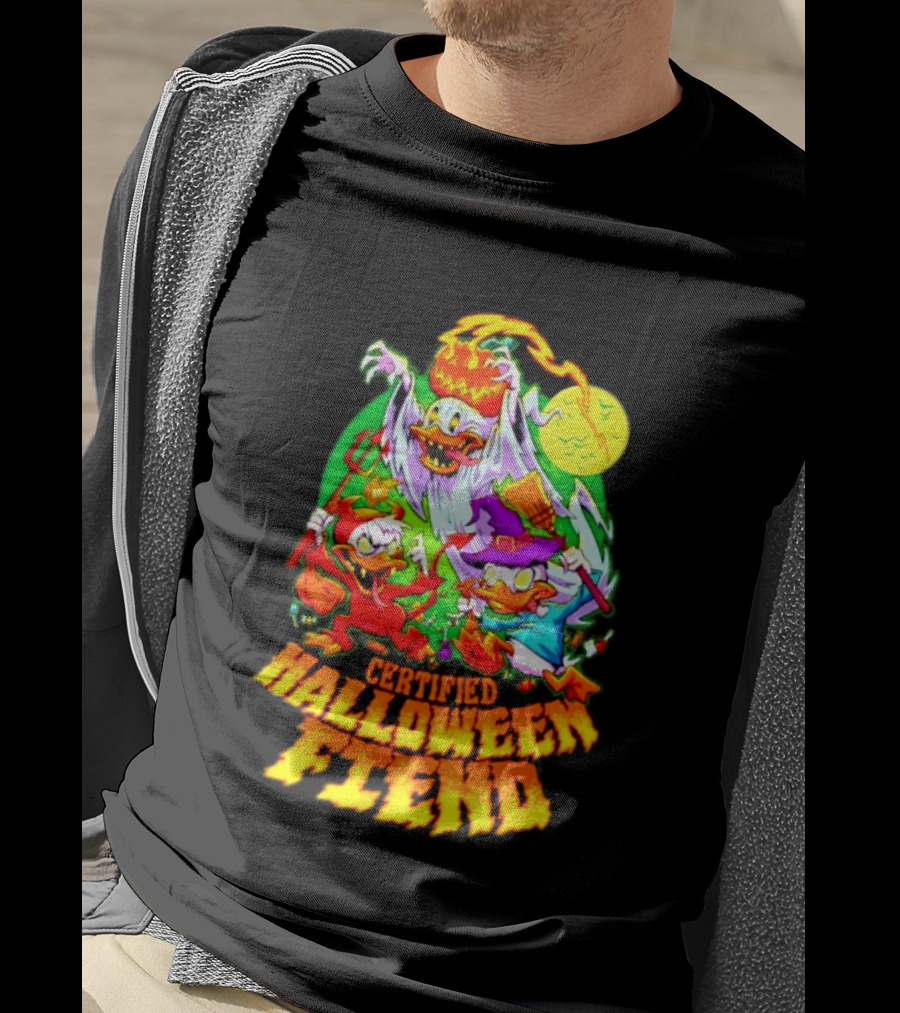 Certified Halloween Fiend Donald Duck Huey Dewey Louie Ghost Witch Devil Moon Scene T-Shirt