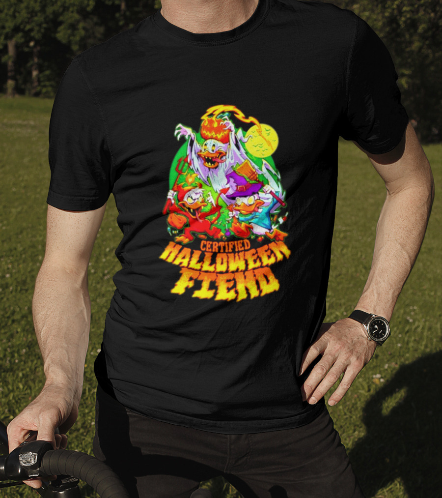 Certified Halloween Fiend Donald Duck Huey Dewey Louie Ghost Witch Devil Moon Scene T-Shirt