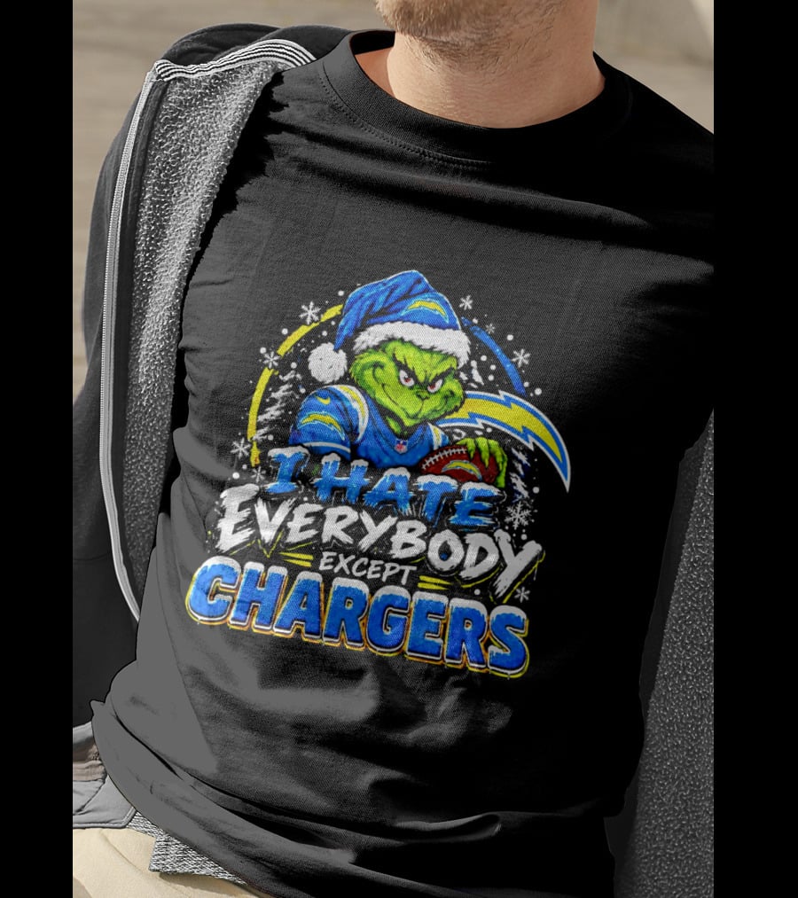 Los Angeles Chargers Grinch Christmas I Hate Everybody Except Chargers Fans Holiday T-Shirt