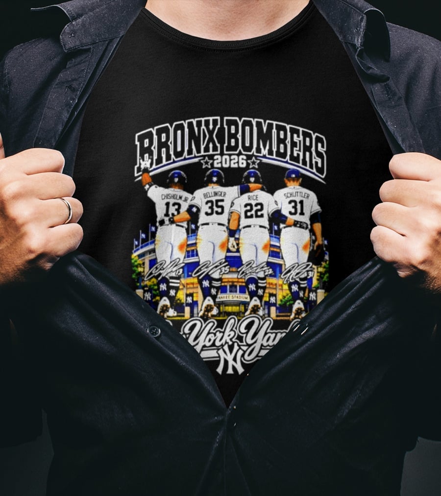 New York Yankees Bronx Bombers 2026 Chisholm Jr Bellinger Rice Schlittler Numbers 37 45 22 31 T-Shirt