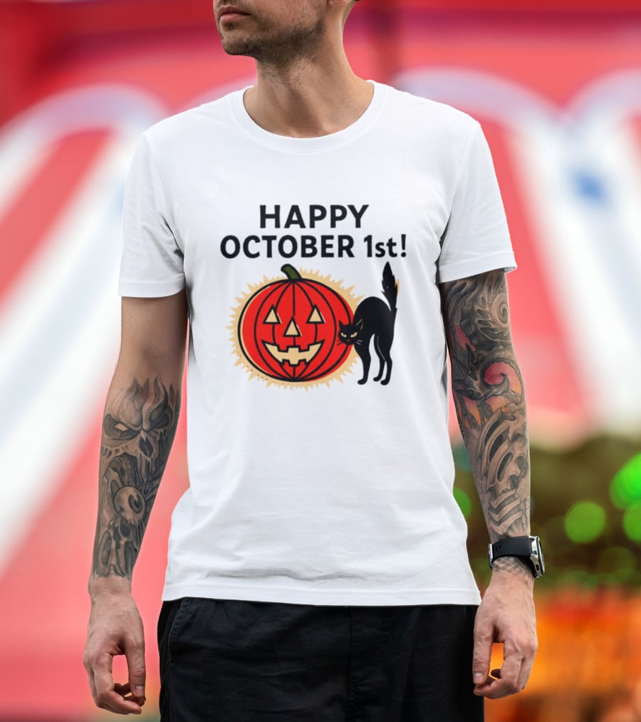 Happy October 1st Pumpkin Black Cat Halloween Celebration T-Shirt