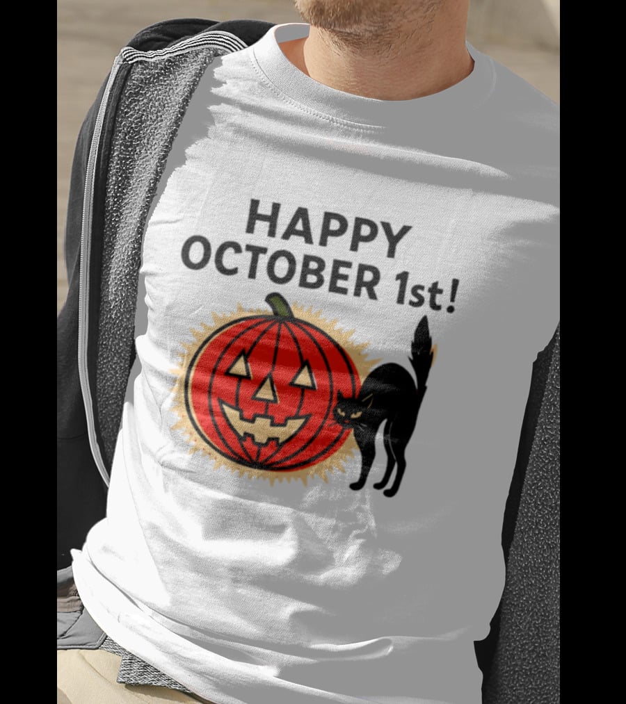 Happy October 1st Pumpkin Black Cat Halloween Celebration T-Shirt