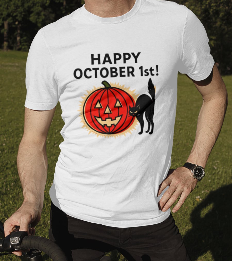 Happy October 1st Pumpkin Black Cat Halloween Celebration T-Shirt