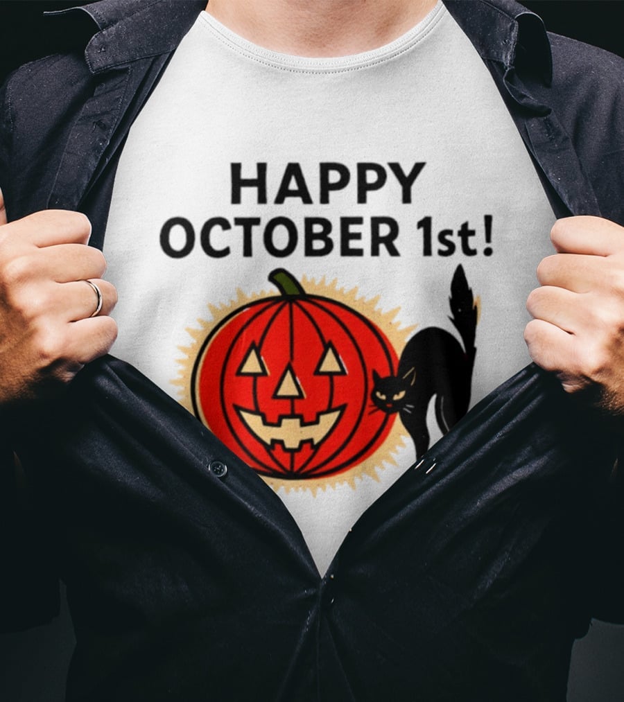 Happy October 1st Pumpkin Black Cat Halloween Celebration T-Shirt