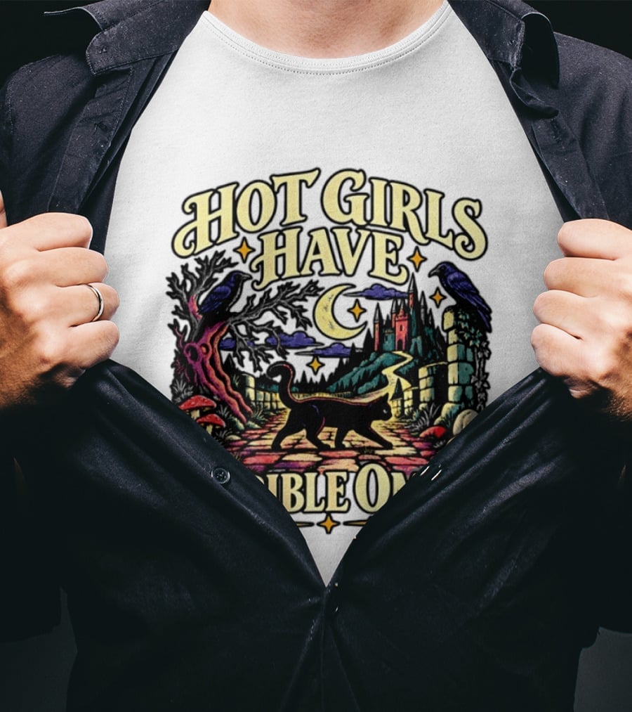 Hot Girls Have Terrible Omens Gothic Cat Halloween Scene T-Shirt