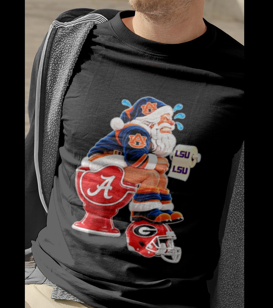 Auburn Santa On Alabama Crimson Tide Toilet With LSU Paper Georgia Bulldogs Helmet Football Humor T-Shirt