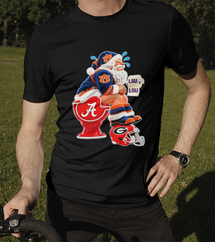 Auburn Santa On Alabama Crimson Tide Toilet With LSU Paper Georgia Bulldogs Helmet Football Humor T-Shirt