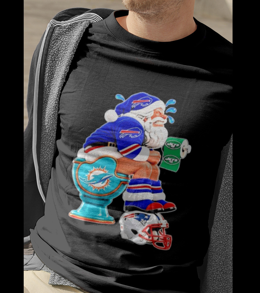 Buffalo Bills Santa On Miami Dolphins Toilet With NY Jets Paper And Patriots Helmet T-Shirt