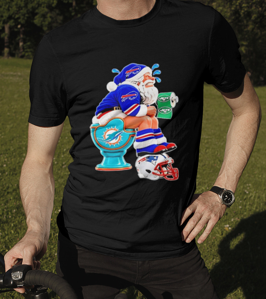Buffalo Bills Santa On Miami Dolphins Toilet With NY Jets Paper And Patriots Helmet T-Shirt