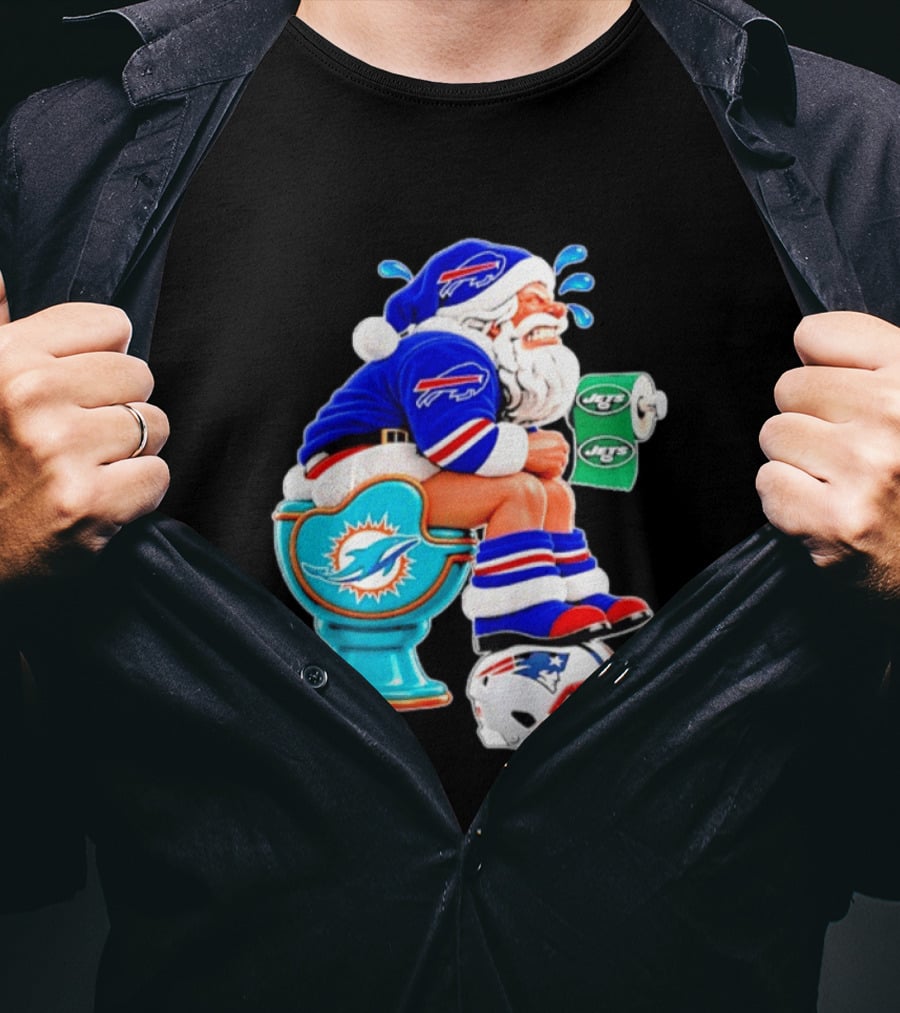 Buffalo Bills Santa On Miami Dolphins Toilet With NY Jets Paper And Patriots Helmet T-Shirt