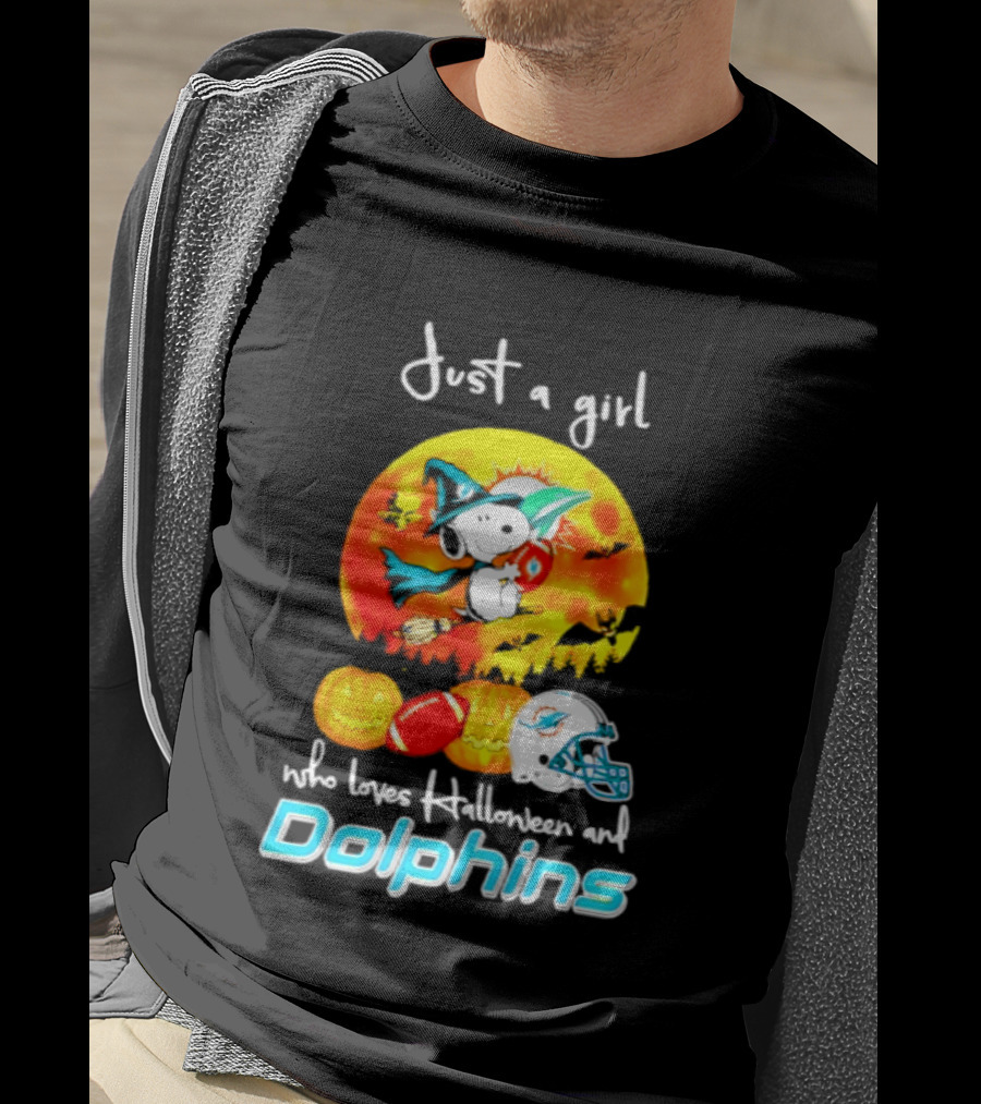 Just A Girl Who Loves Halloween And Miami Dolphins Snoopy Woodstock Pumpkin Football T-Shirt