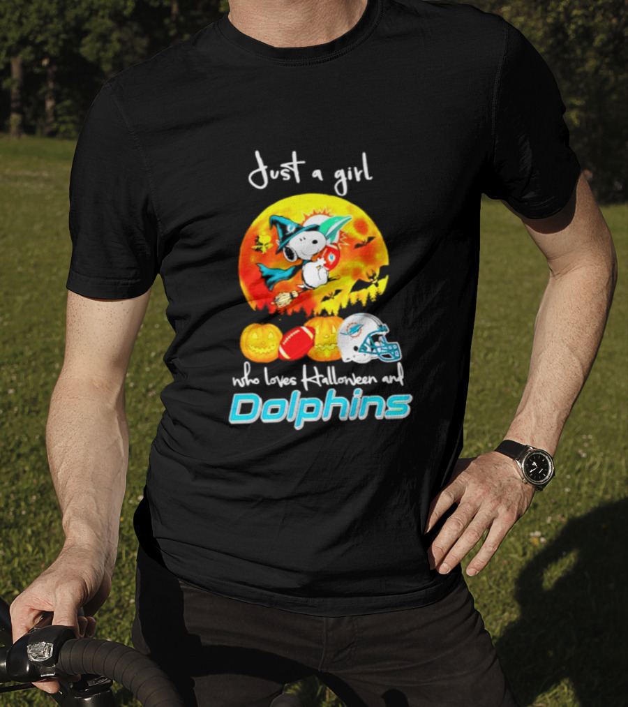 Just A Girl Who Loves Halloween And Miami Dolphins Snoopy Woodstock Pumpkin Football T-Shirt