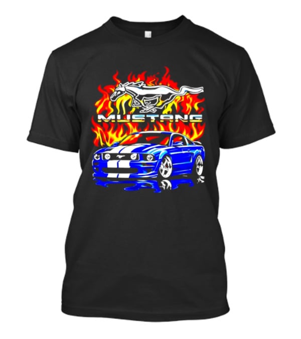Mustang Blue Car With Flaming Horse And Fire T-Shirt