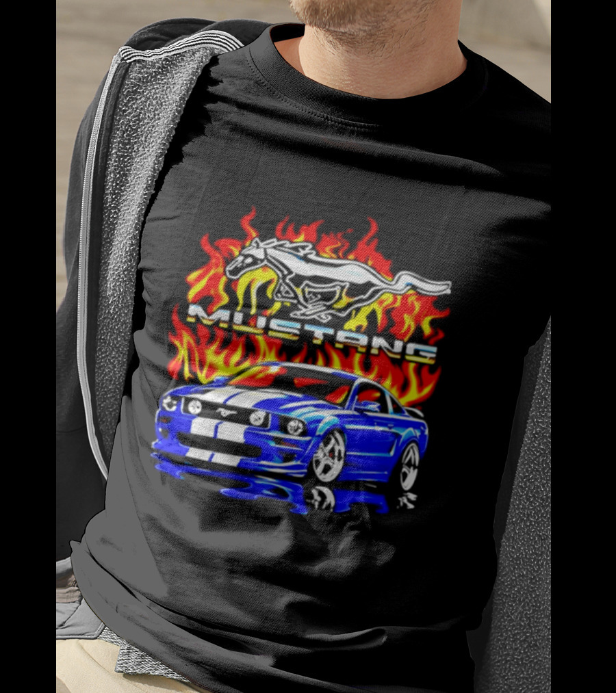 Mustang Blue Car With Flaming Horse And Fire T-Shirt