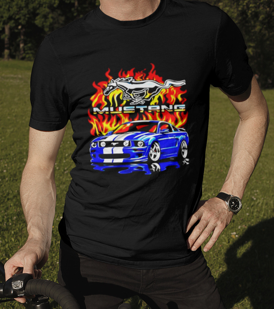 Mustang Blue Car With Flaming Horse And Fire T-Shirt