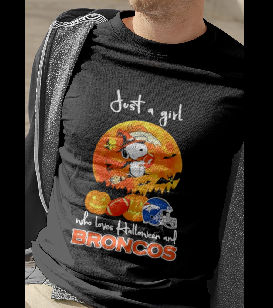 Just A Girl Who Loves Halloween And Broncos Football With Snoopy And Woodstock In Pumpkin T-Shirt