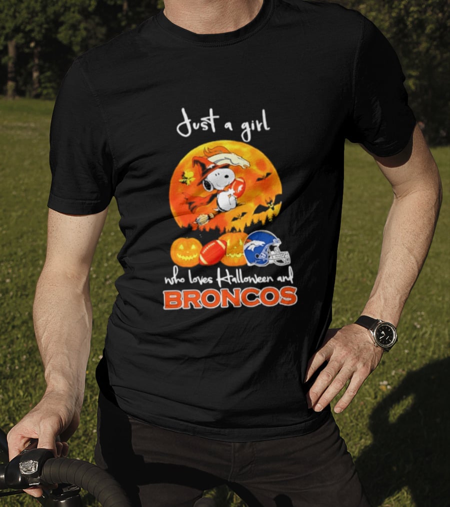 Just A Girl Who Loves Halloween And Broncos Football With Snoopy And Woodstock In Pumpkin T-Shirt