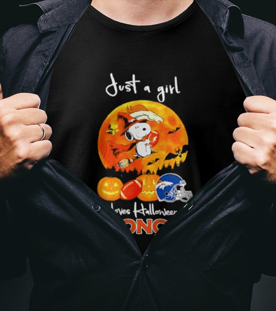 Just A Girl Who Loves Halloween And Broncos Football With Snoopy And Woodstock In Pumpkin T-Shirt