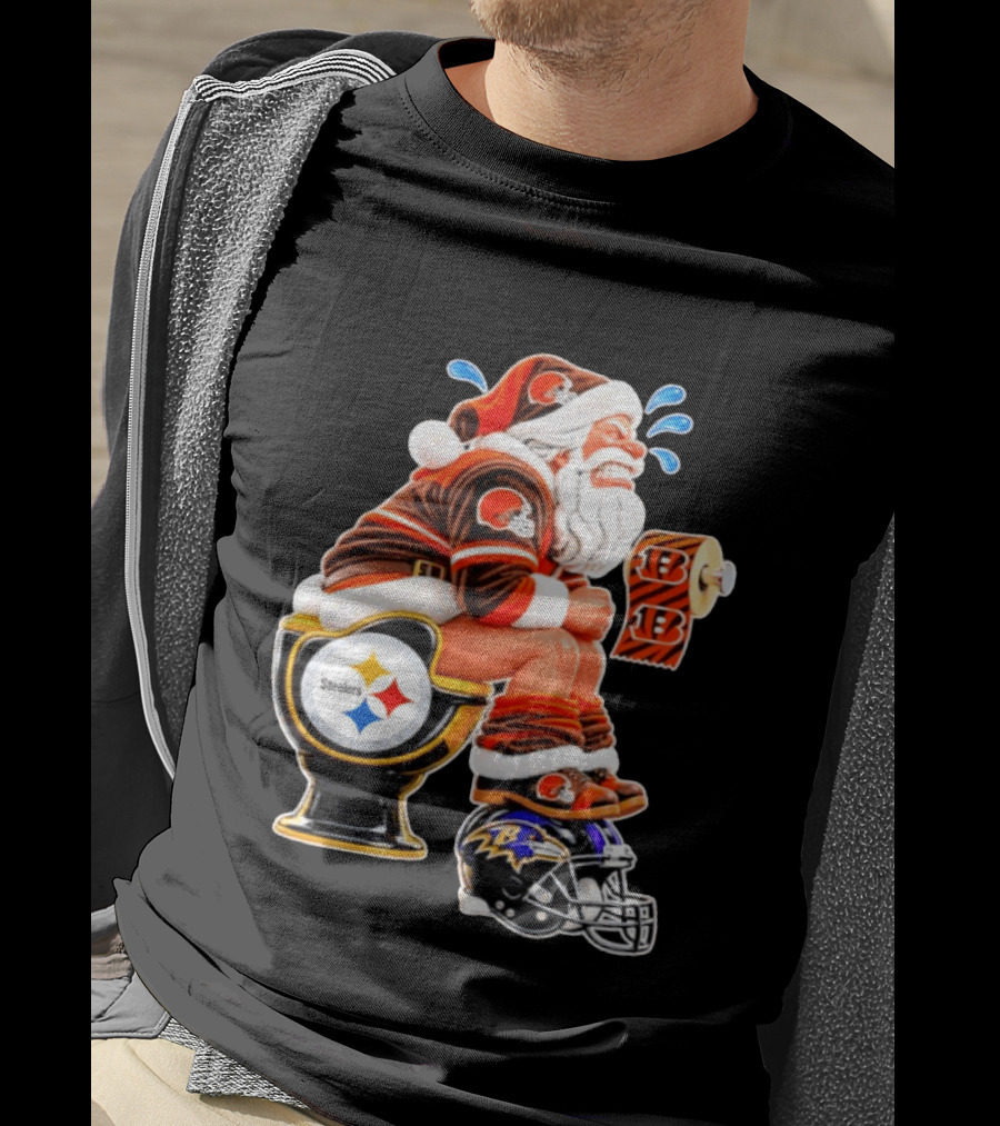 Santa Claus Cleveland Browns Toilet Sitting Steelers Ravens Bengals Meme T-Shirt