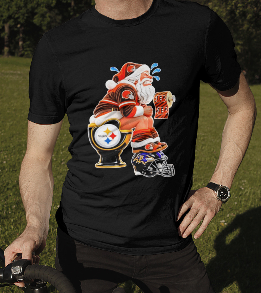 Santa Claus Cleveland Browns Toilet Sitting Steelers Ravens Bengals Meme T-Shirt