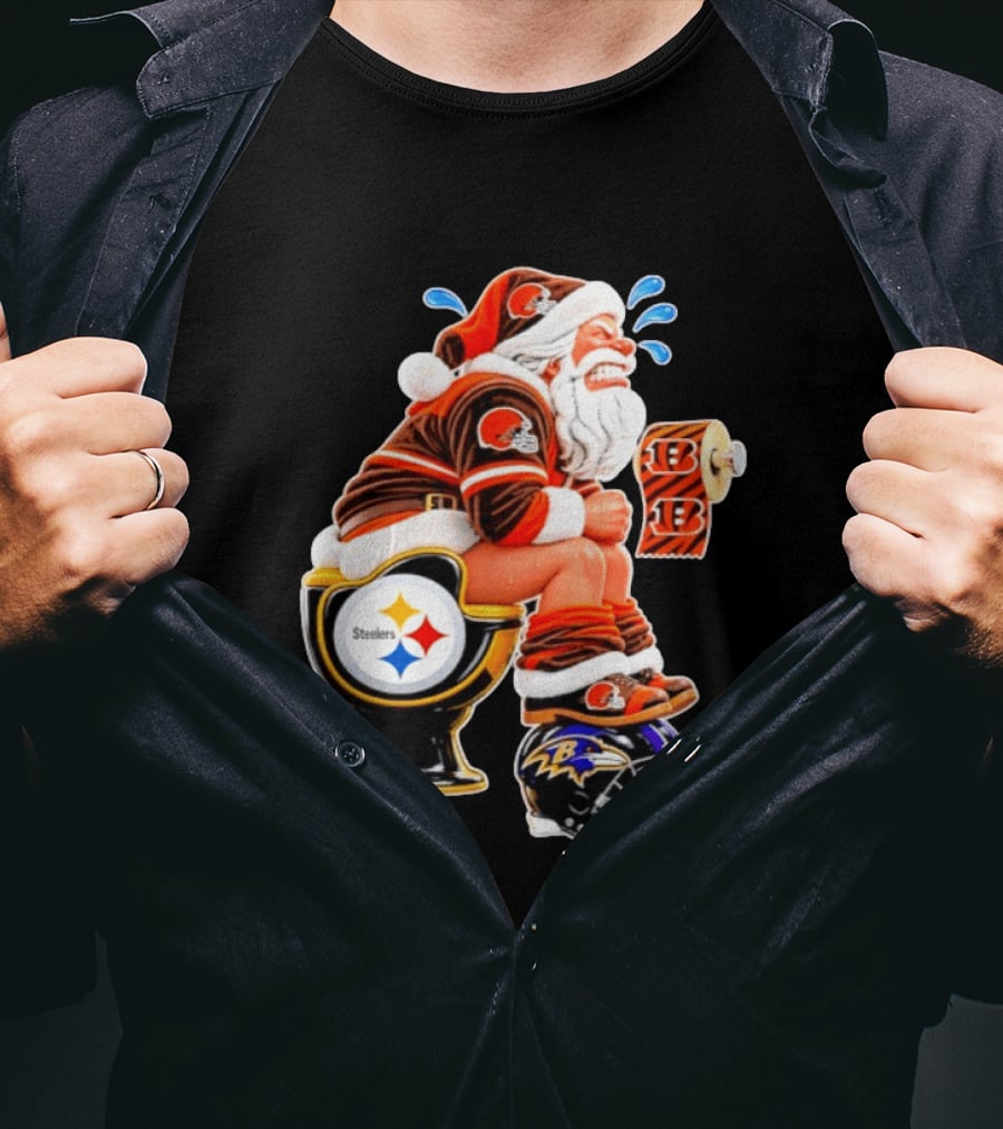 Santa Claus Cleveland Browns Toilet Sitting Steelers Ravens Bengals Meme T-Shirt