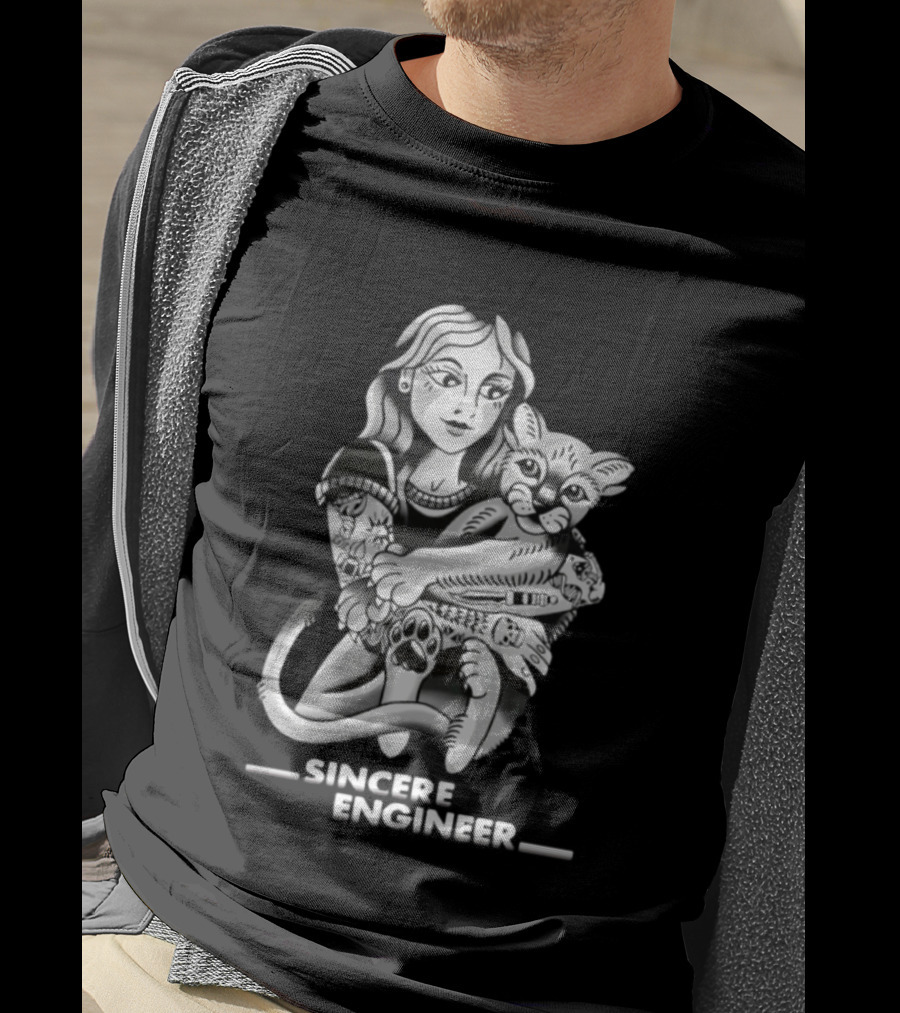 Sincere Engineer Punk Alternative Tattooed Girl Hugging Cat T-Shirt