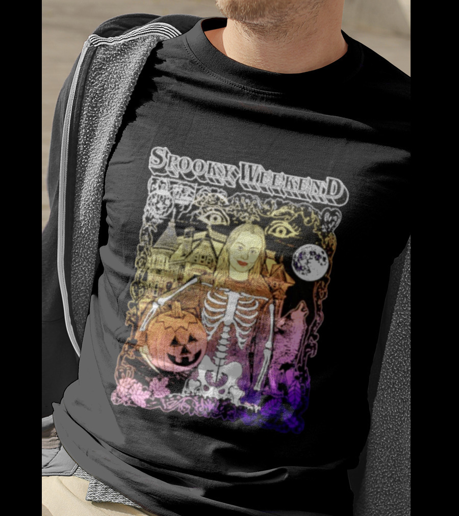 Spooky Weekend Skeleton Pumpkin Haunted House Halloween Magic Moonlit Night T-Shirt