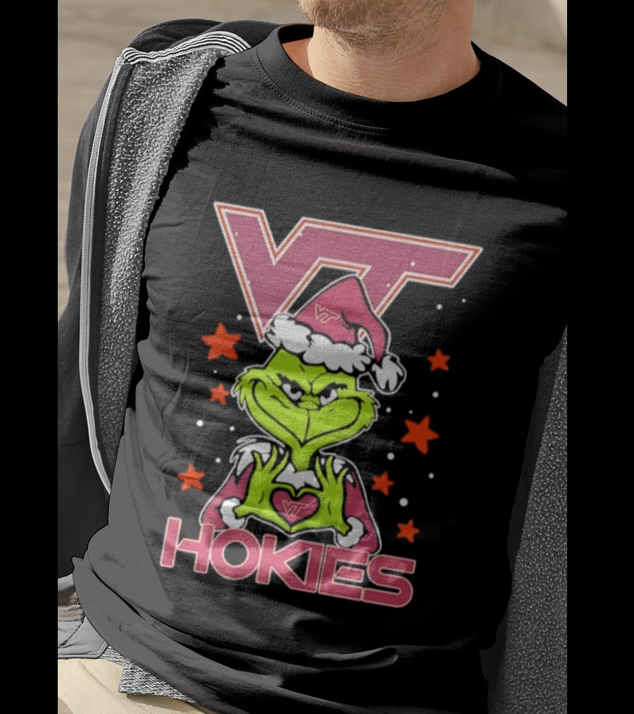 Virginia Tech Hokies Grinch Christmas Love Hands Football 2026 T-Shirt