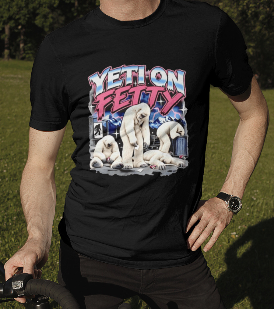 Yeti On Fetty Bigfoot Snowy Mountain Scene T-Shirt