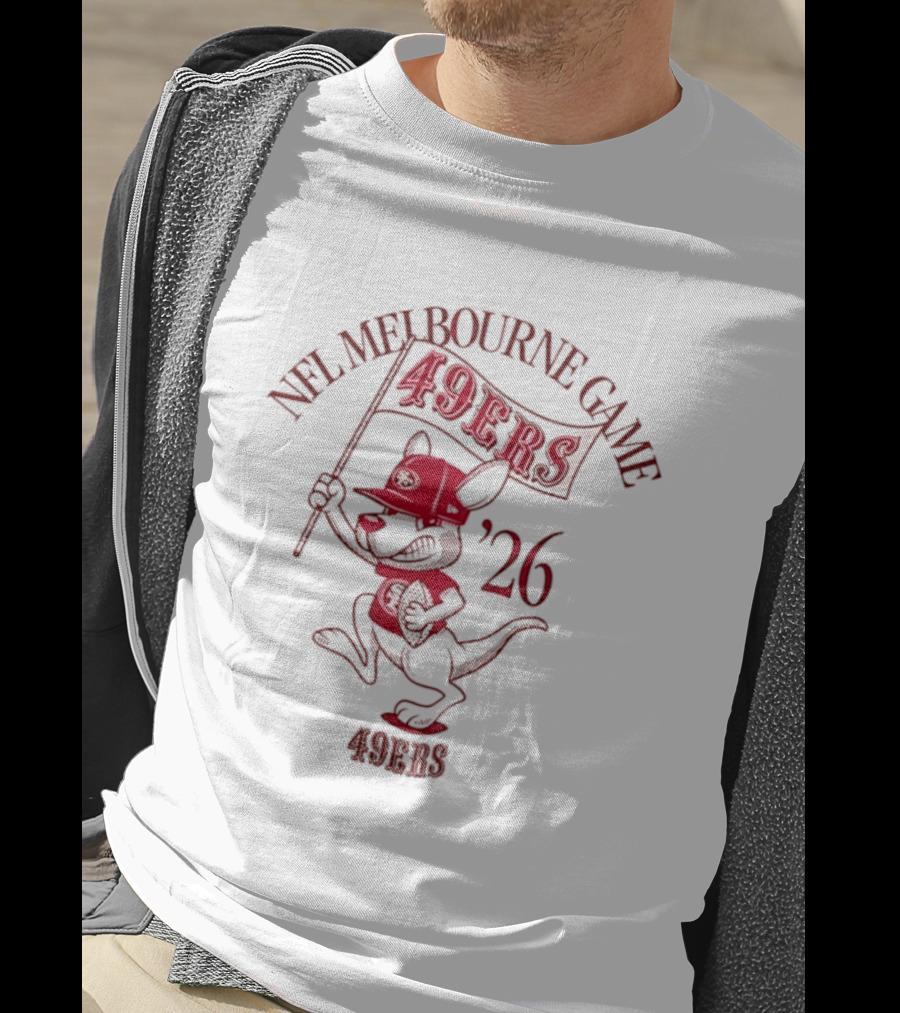 San Francisco 49ers Melbourne Game 2026 Kangaroo In 49ers Gear Holding Flag T-Shirt