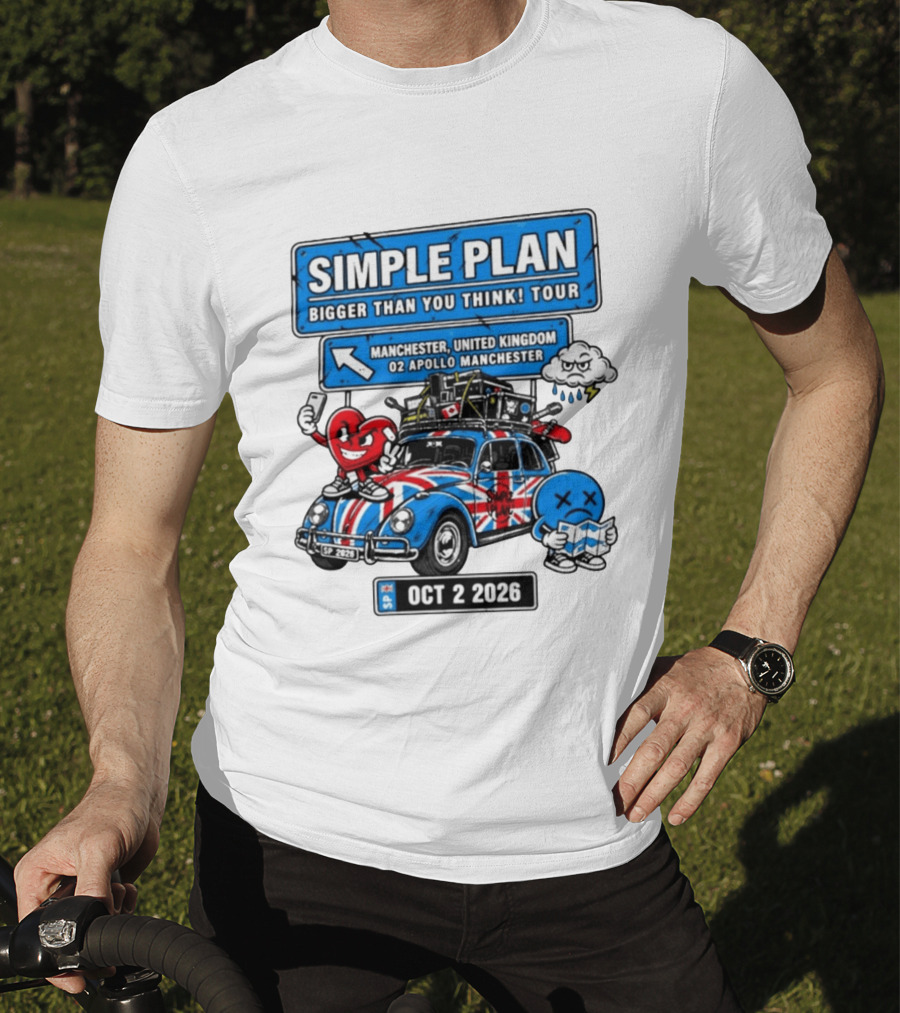 Simple Plan Bigger Than You Think Tour Manchester O2 Apollo Oct 2 2026 Car And Characters T-Shirt