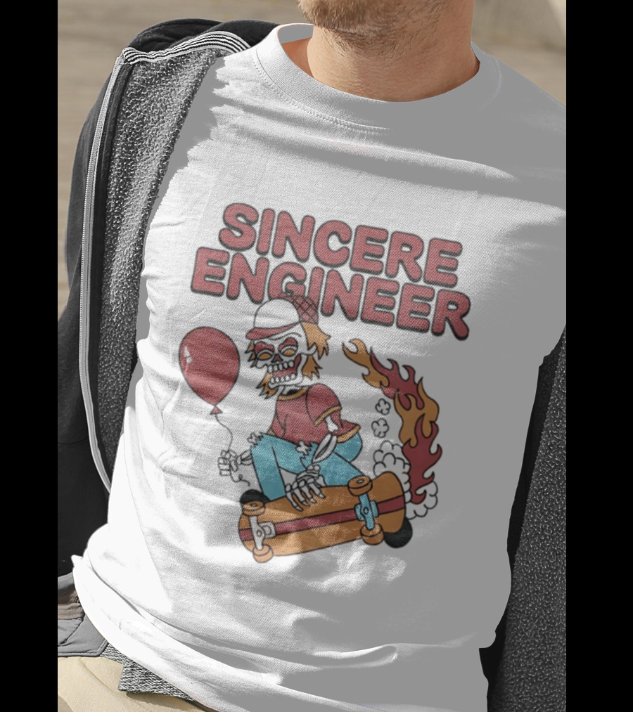 Sincere Engineer Skeleton Skateboarder With Balloon And Flaming Wheels T-Shirt