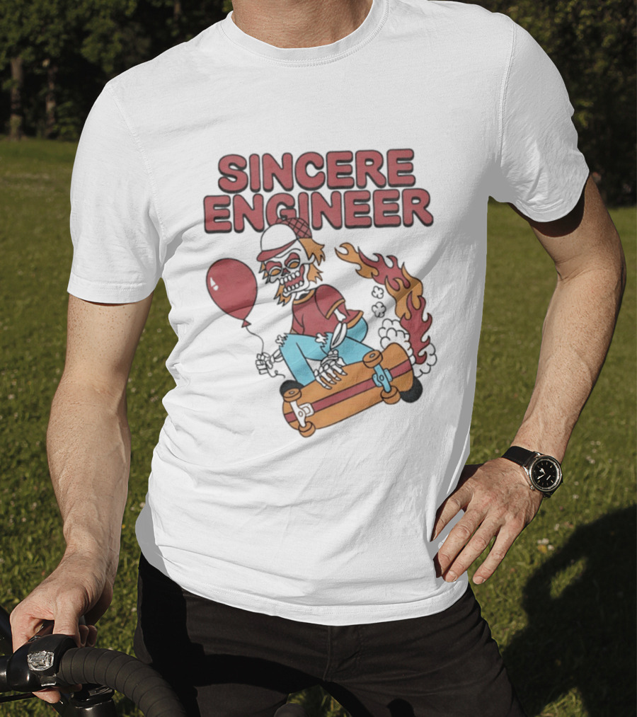 Sincere Engineer Skeleton Skateboarder With Balloon And Flaming Wheels T-Shirt