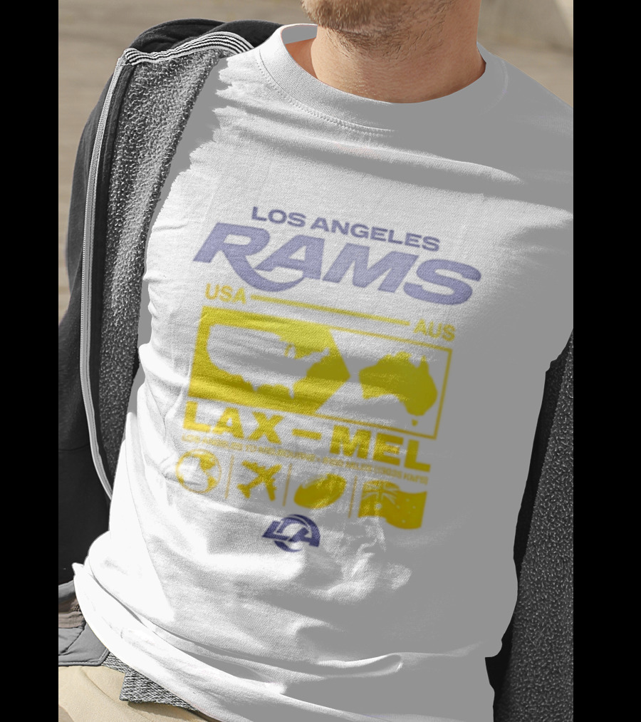 Los Angeles Rams LAX To MEL 2026 USA To Australia Football Journey T-Shirt
