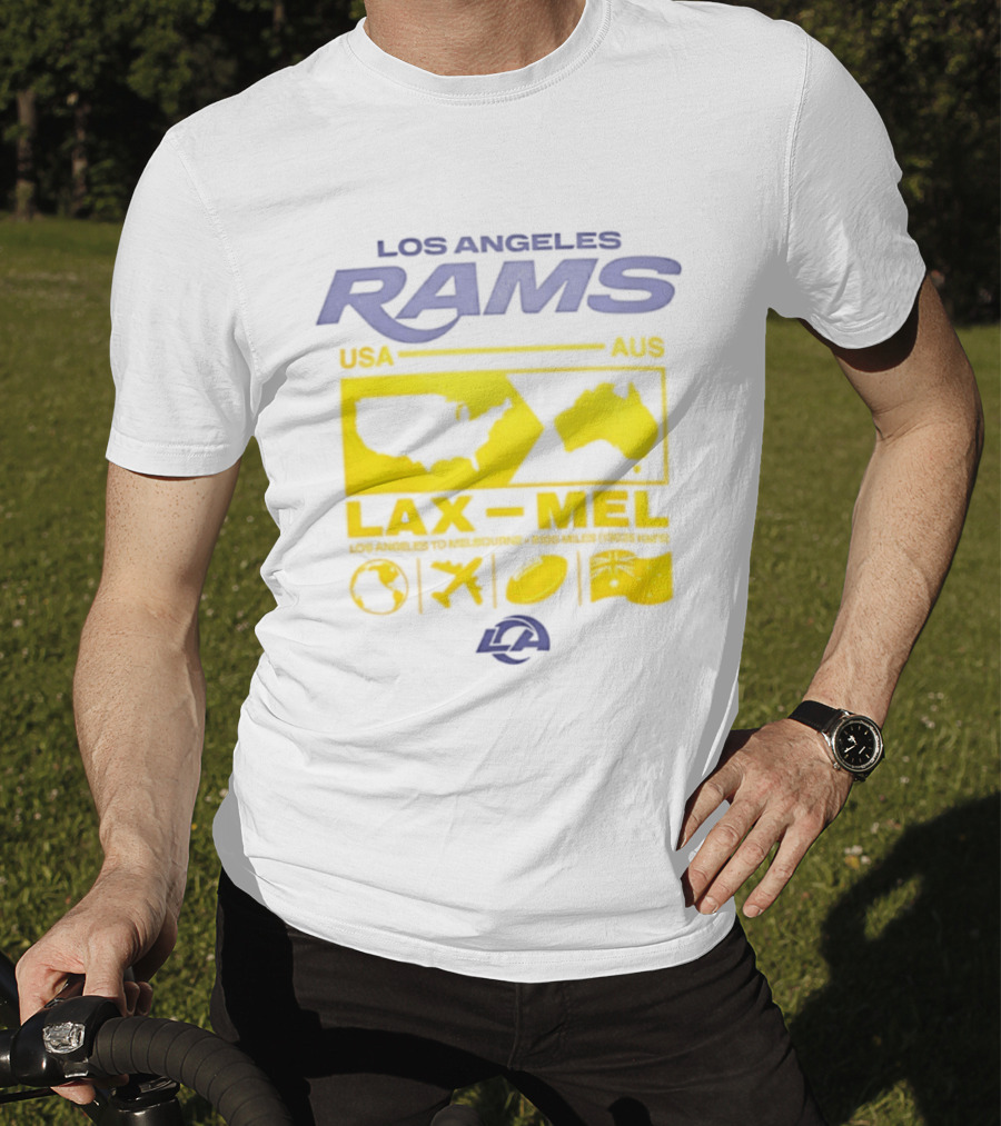 Los Angeles Rams LAX To MEL 2026 USA To Australia Football Journey T-Shirt