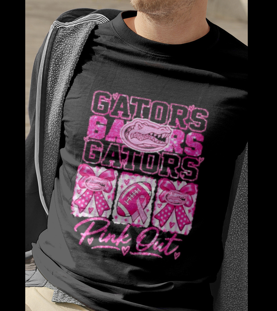 Gators Pink Out Breast Cancer Awareness Game Day Bow Ribbon Football T-Shirt