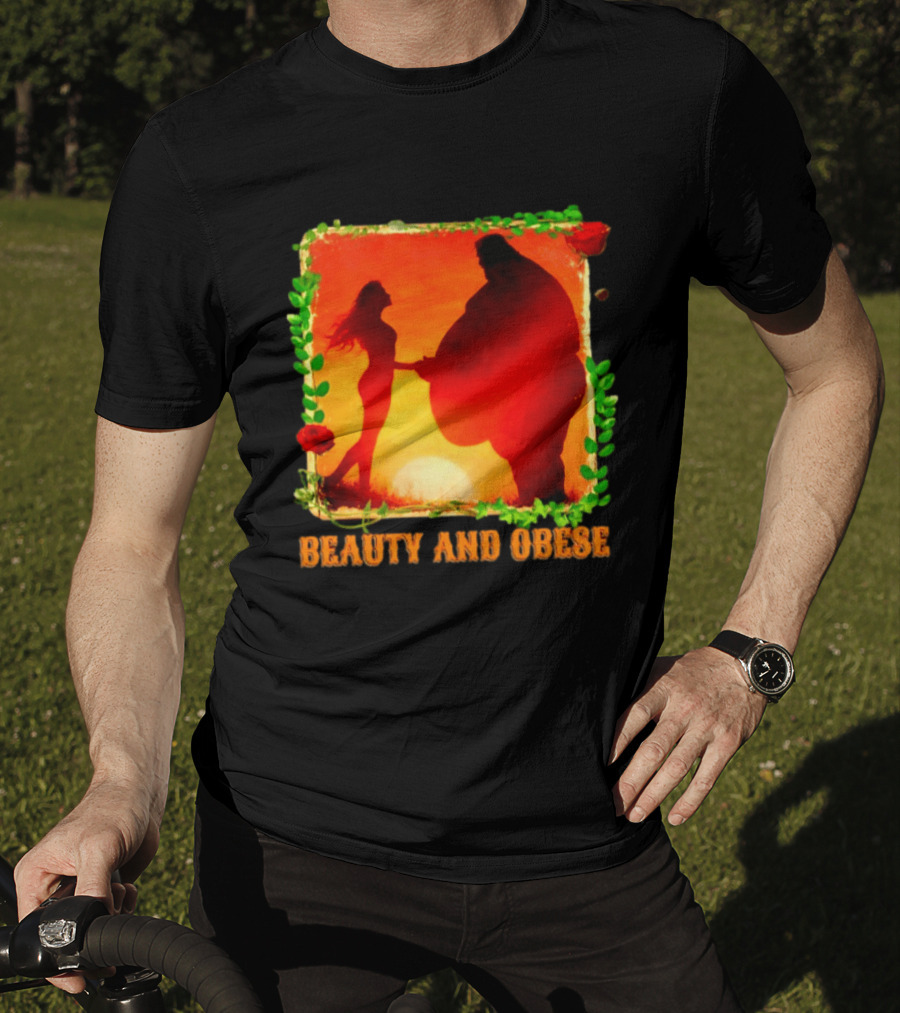 Beauty And Obese Romantic Satire With Sunset Silhouette And Roses T-Shirt