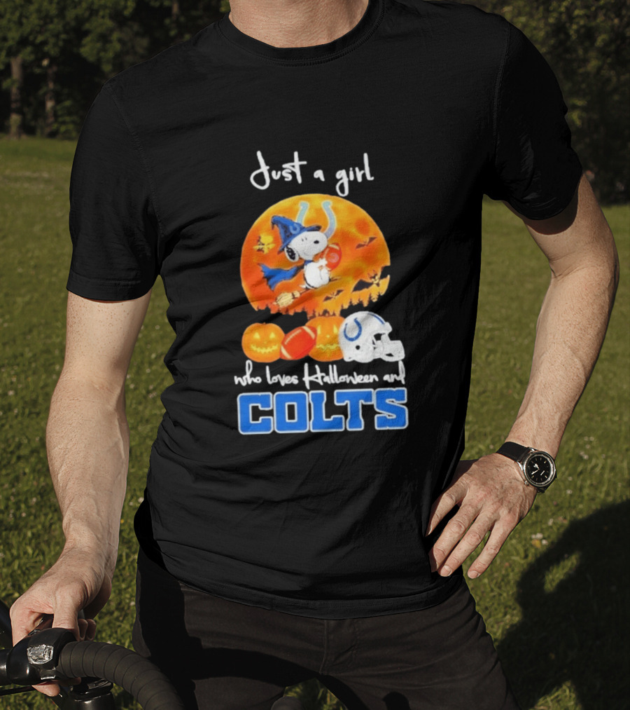 Just A Girl Who Loves Halloween And Colts Snoopy Woodstock Collaboration T-Shirt