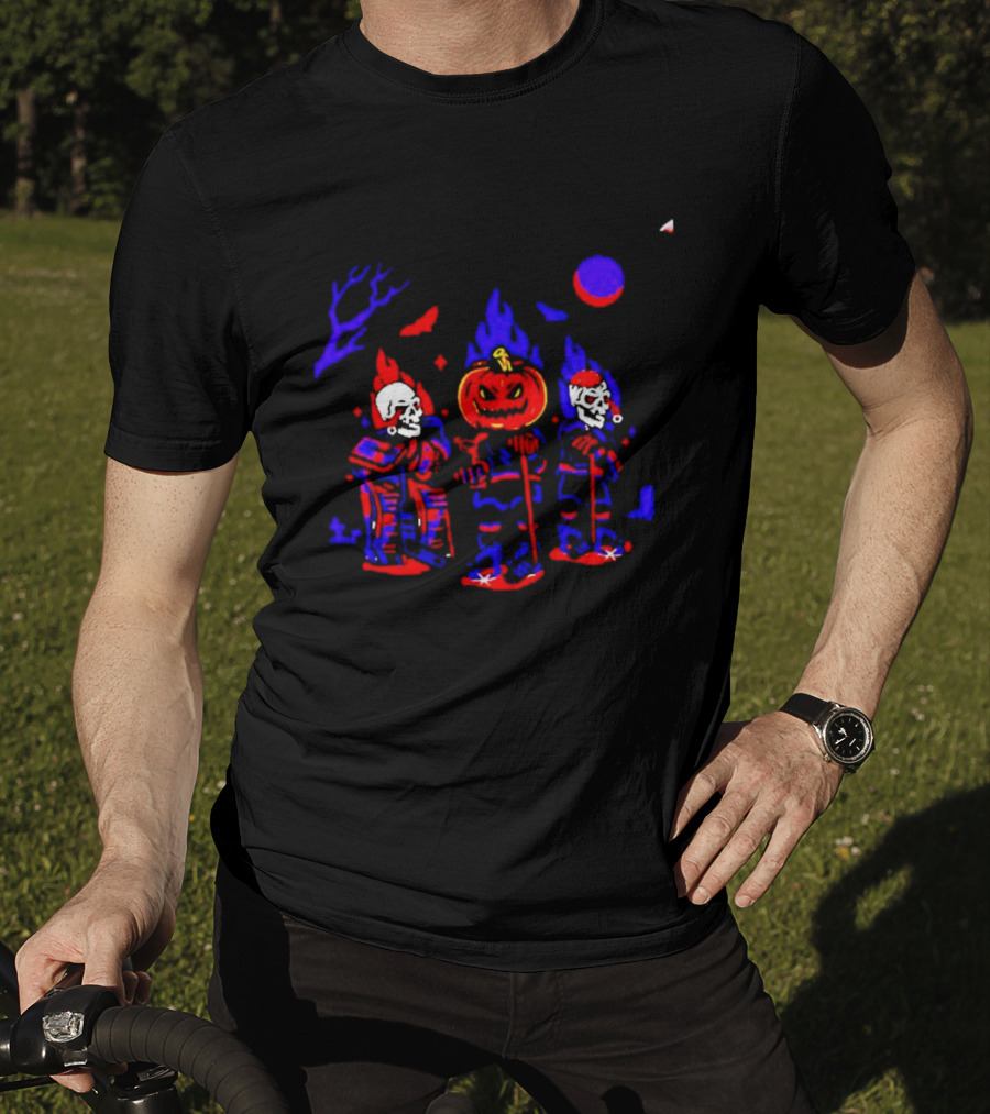 Halloween Pumpkin Skeleton Hockey Players Spooky Sports T-Shirt