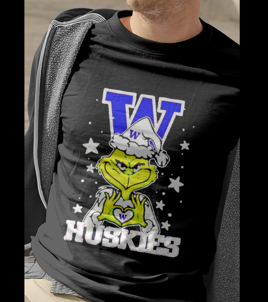 Washington Huskies Grinch Santa Hat Christmas Heart Hands W Monogram T-Shirt
