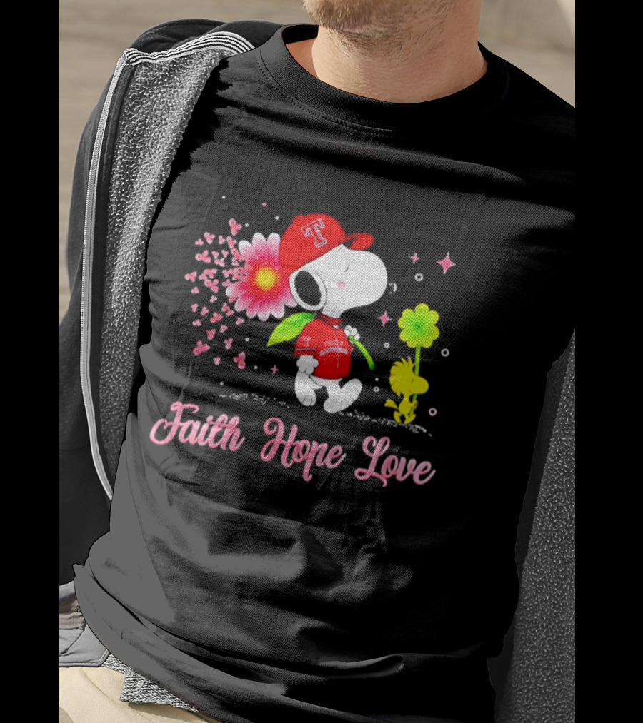 Texas Rangers Snoopy Faith Hope Love Breast Cancer Awareness 2026 T-Shirt